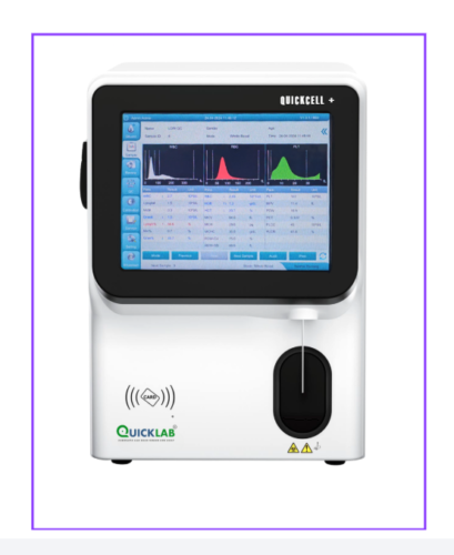 White QuickLab QuickCELL+ benchtop analyzer with a touchscreen display showing graphs and data charts on a black-framed screen.